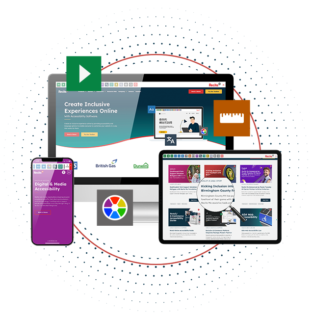 The Recite Me website open on Mac, tablet and phone. Each device has a different webpage open