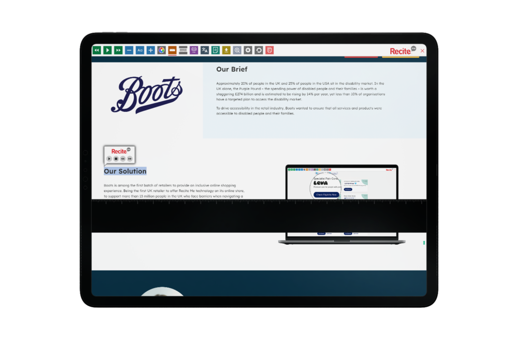 Recite Me website open on a tablet with the toolbar launched