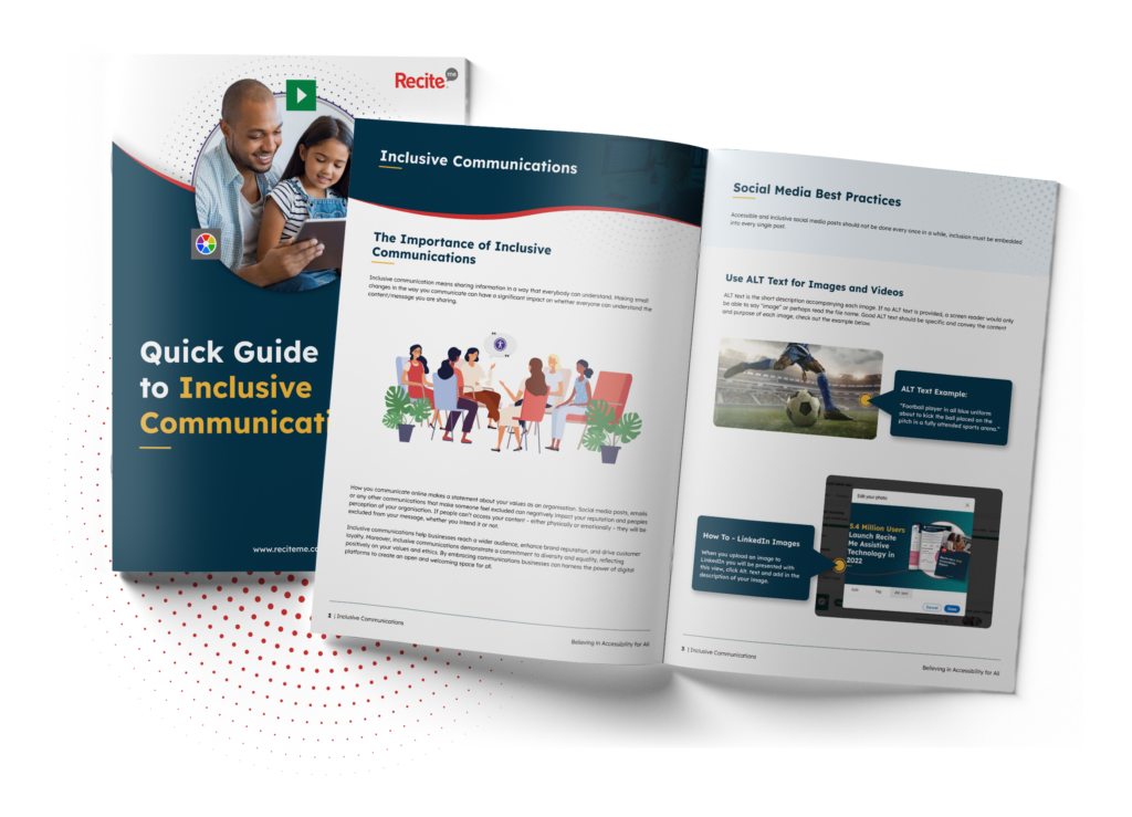Mock up showing the cover and page titles 'Inclusive Communications' and 'Social Media Best Practices'