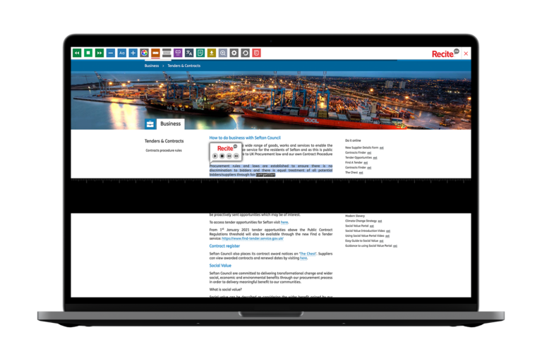 Sefton Council website with recite me on laptop screen