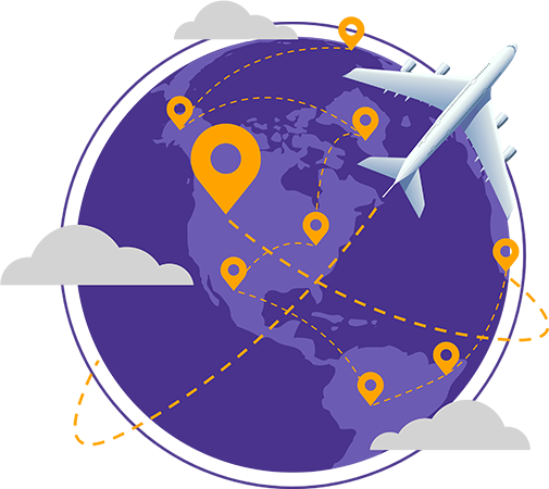 Globe with an aeroplane flying around it with location pin points scattered on countries