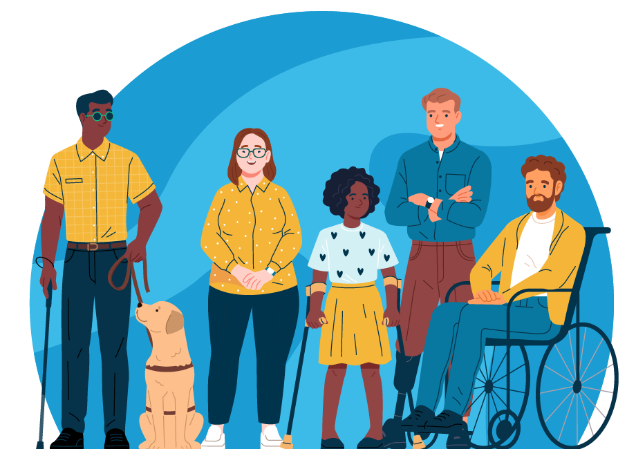 decorative cartoon illustration of 5 people of different ages, ethnicities and abilities