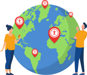 globe with markers with accessibility symbols on