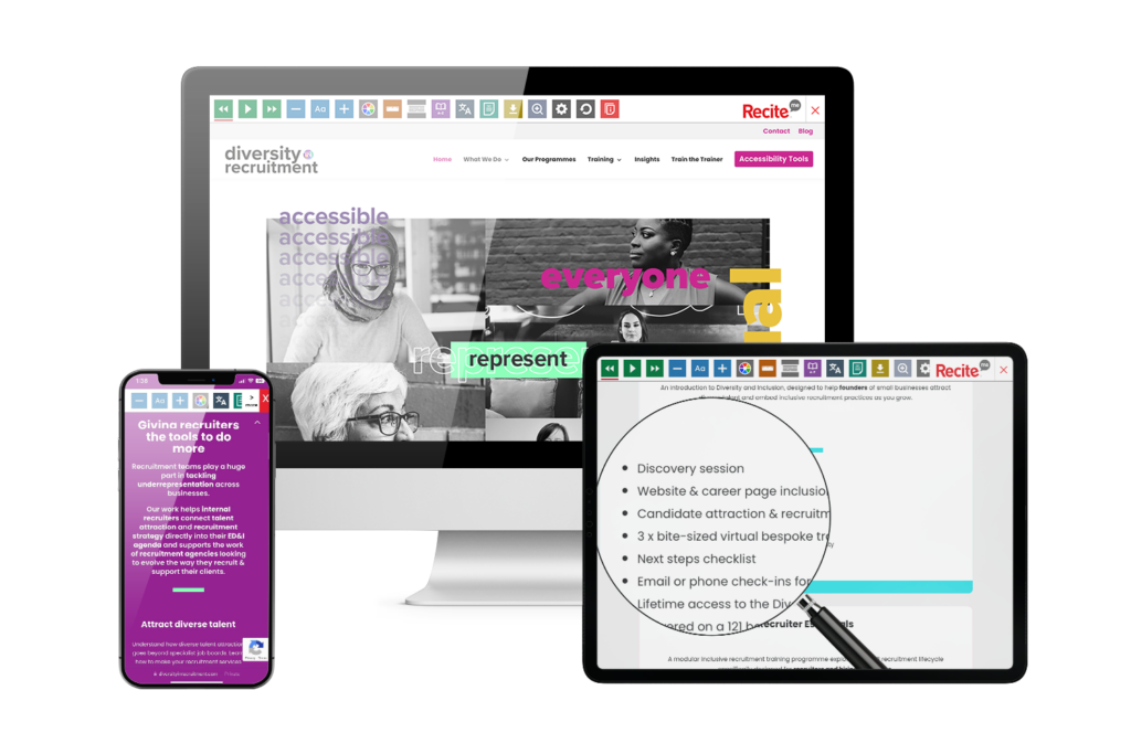 Diversity In Recruitment website with Recite Me toolbar onscreen