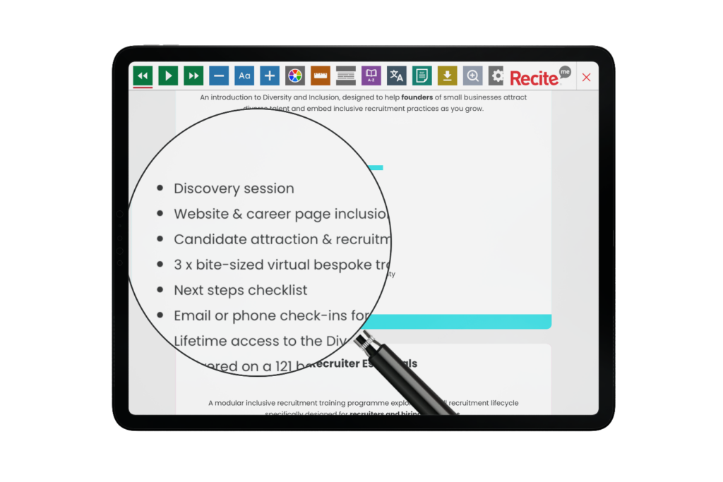 Diversity In Recruitment website with Recite Me on tablet screen