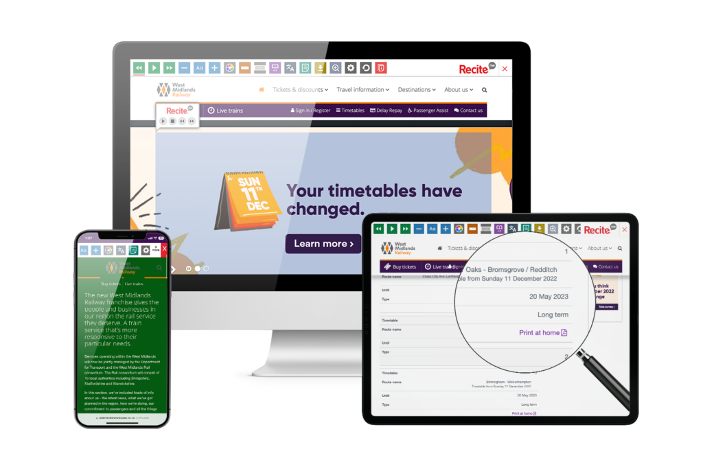 West Midlands Railway website with Recite Me toolbar onscreen