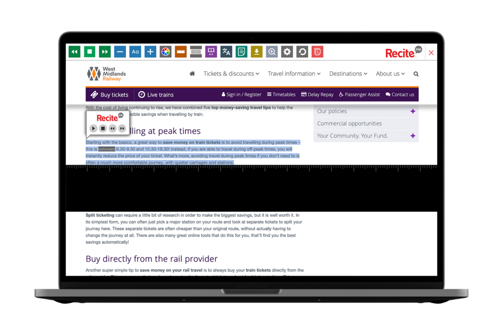 West Midlands Railway website with Recite Me toolbar onscreen