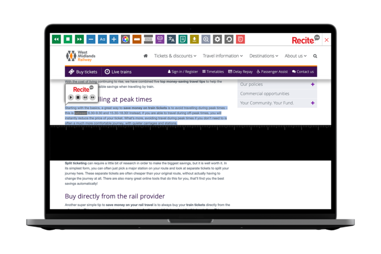 West Midlands Railway website with Recite Me toolbar onscreen