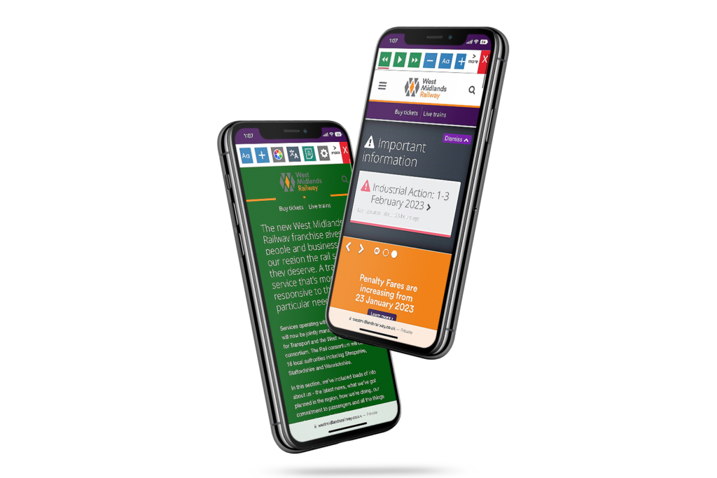 West Midlands Railway website with Recite Me on phone screen