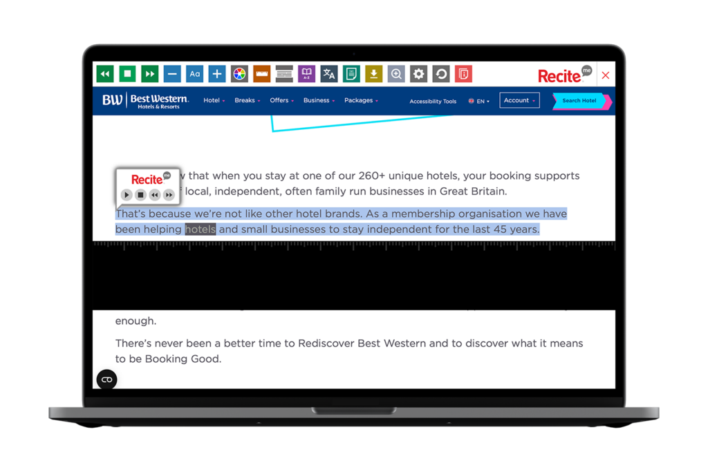 Best Western Hotel website with Recite Me toolbar onscreen