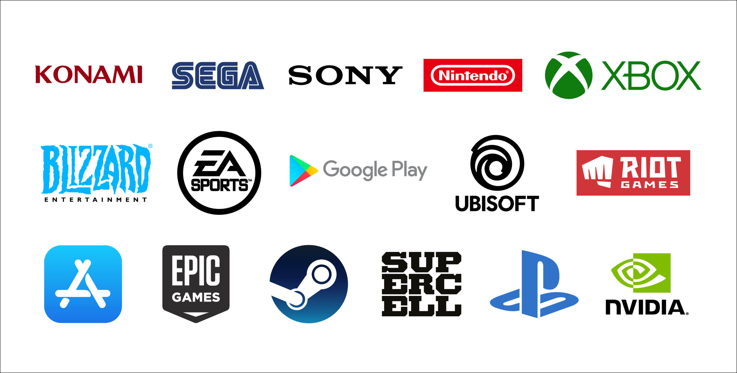 World top famous and important Gaming industry logos. Vector Company Symbols. Konami, Sega, Sony, Xbox, Playstation, Steam, Epic Games, Nvidia.