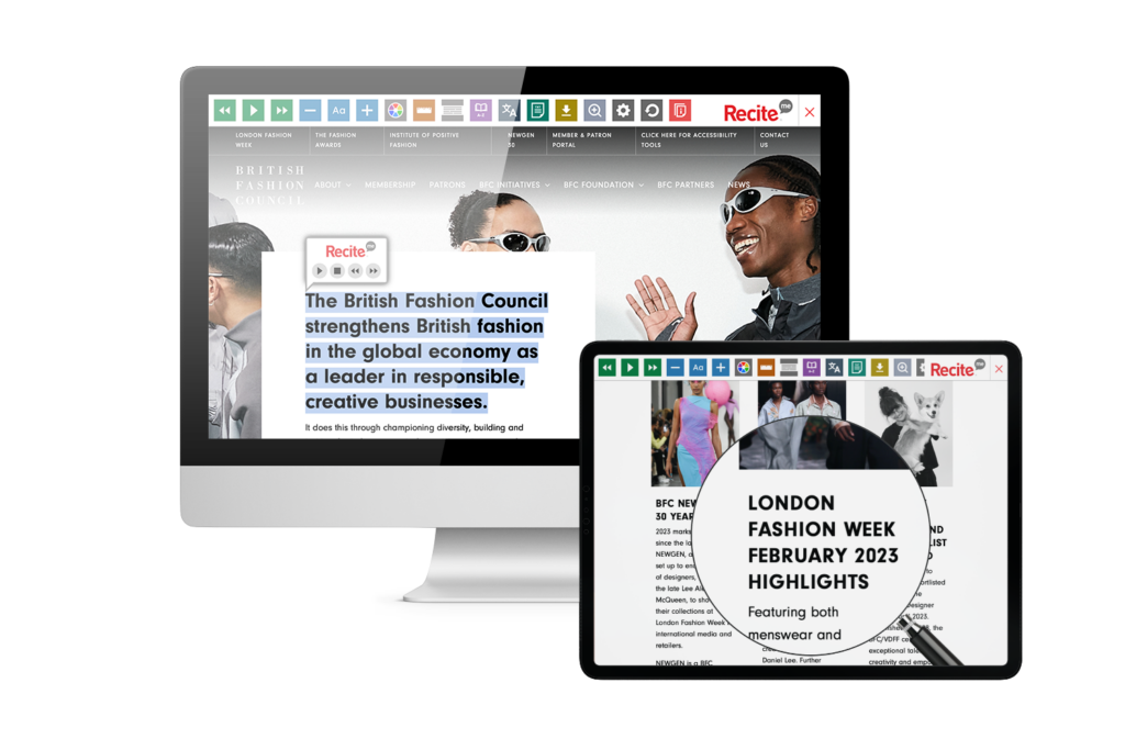 British Fashion Council website with Recite Me technology being used onscreen