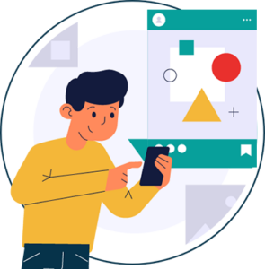 A animated guy points out specific parts of an image on his phone screen.