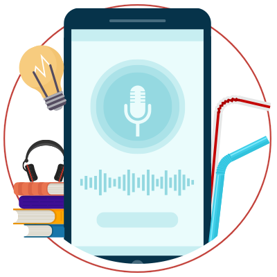 Montage of items including bendy straws, headphones and phone with voice recognition