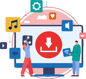 An illustration showing all the multimedia options for a website including music, volume settings, videos and download buttons