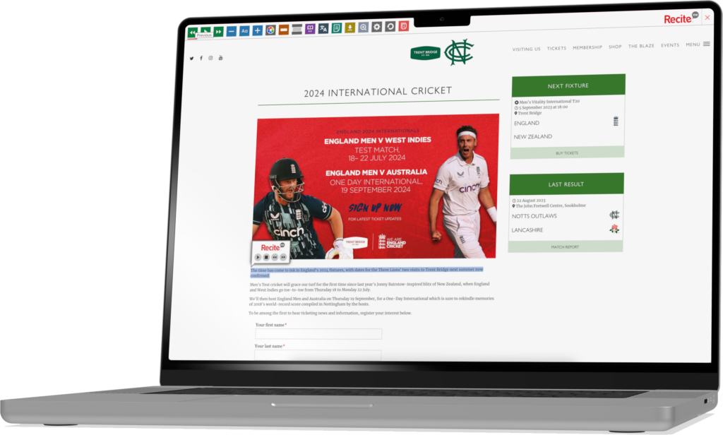 Recite Me toolbar being used on Trent Bridge website