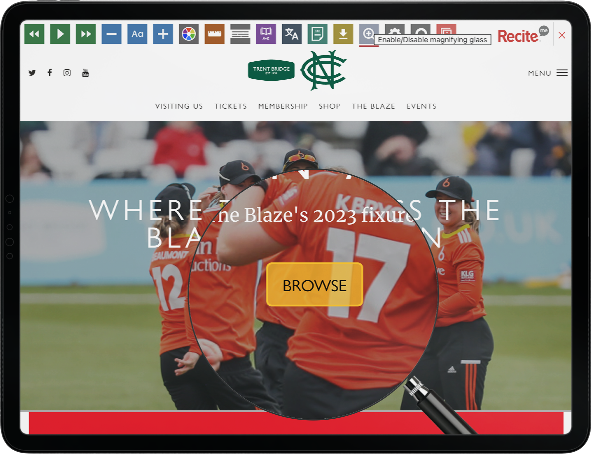 Recite Me toolbar being used on the Trent Bridge website