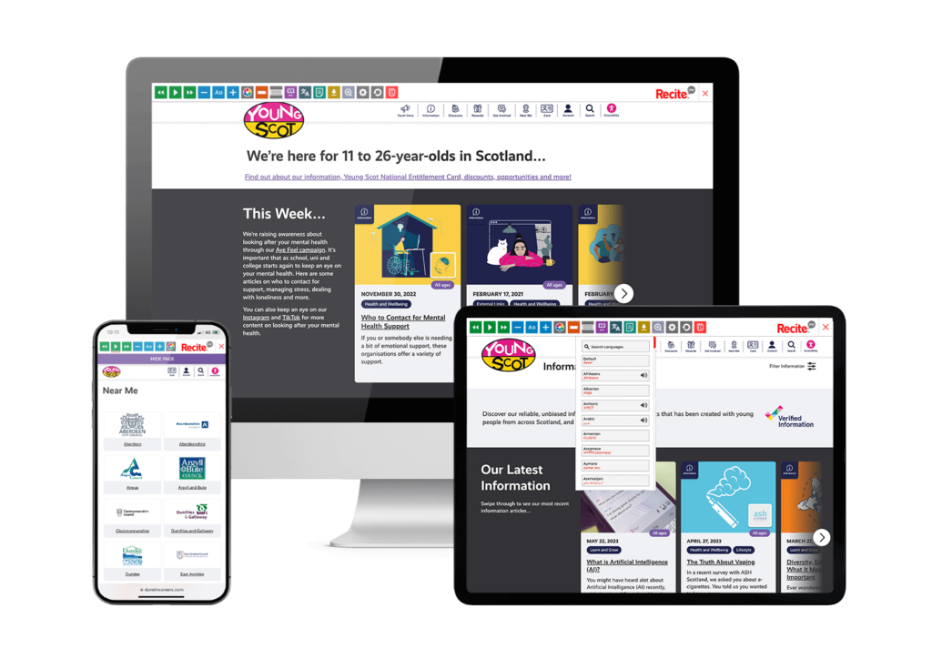 MOck-up of the Recite Me toolbar being used on the Young Scot website