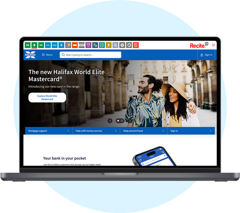 Halifax website open on a laptop with the toolbar launched
