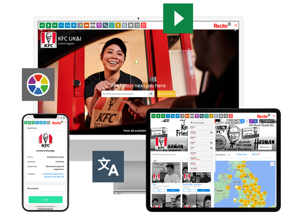 Mock-up of the Recite Me toolbar being used on the KFC website