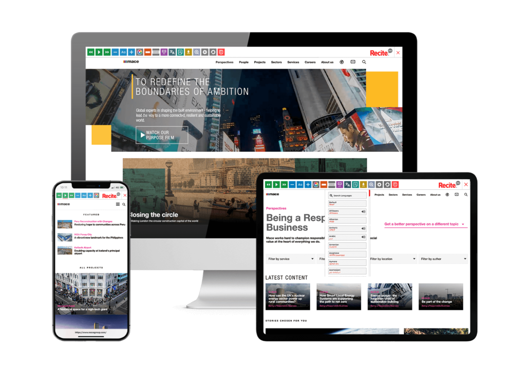 Mock-up of the Recite Me toolbar being used on the Mace website