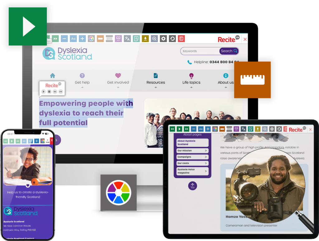 Dyslexia Scotland website open on different devices with the toolbar launched