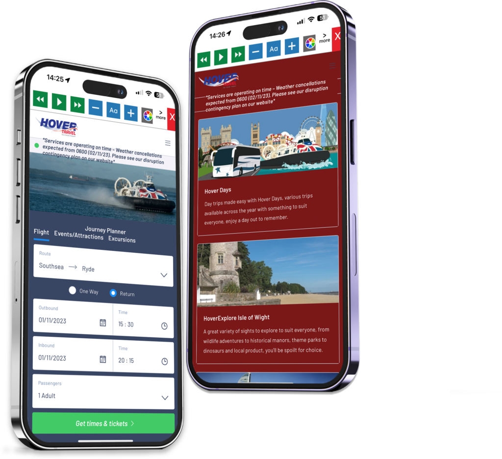 Mock-up of the Recite Me toolbar being used on the Hover travel website