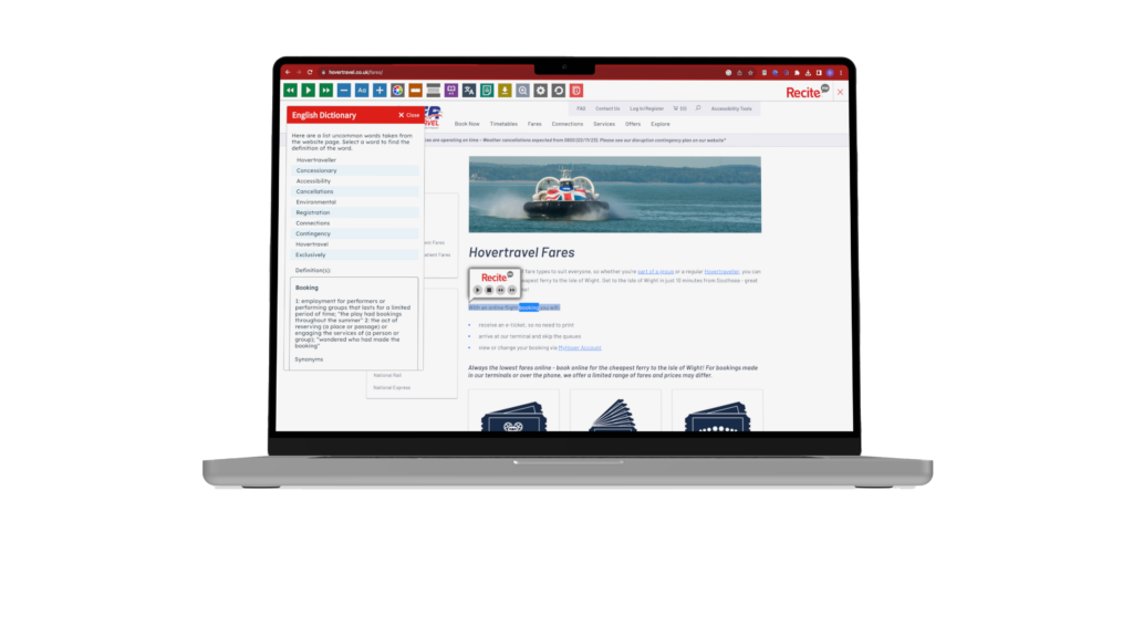 Mock-up of the Recite Me toolbar being used on the Hover Travel website