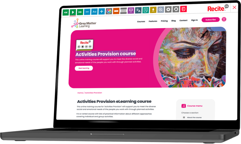 Mock-up of the Recite Me toolbar being used on the Grey Matter Learning website