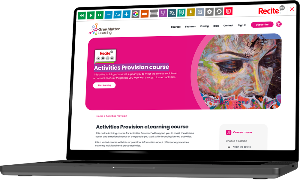 Mock-up of the Recite Me toolbar being used on the Grey Matter Learning website