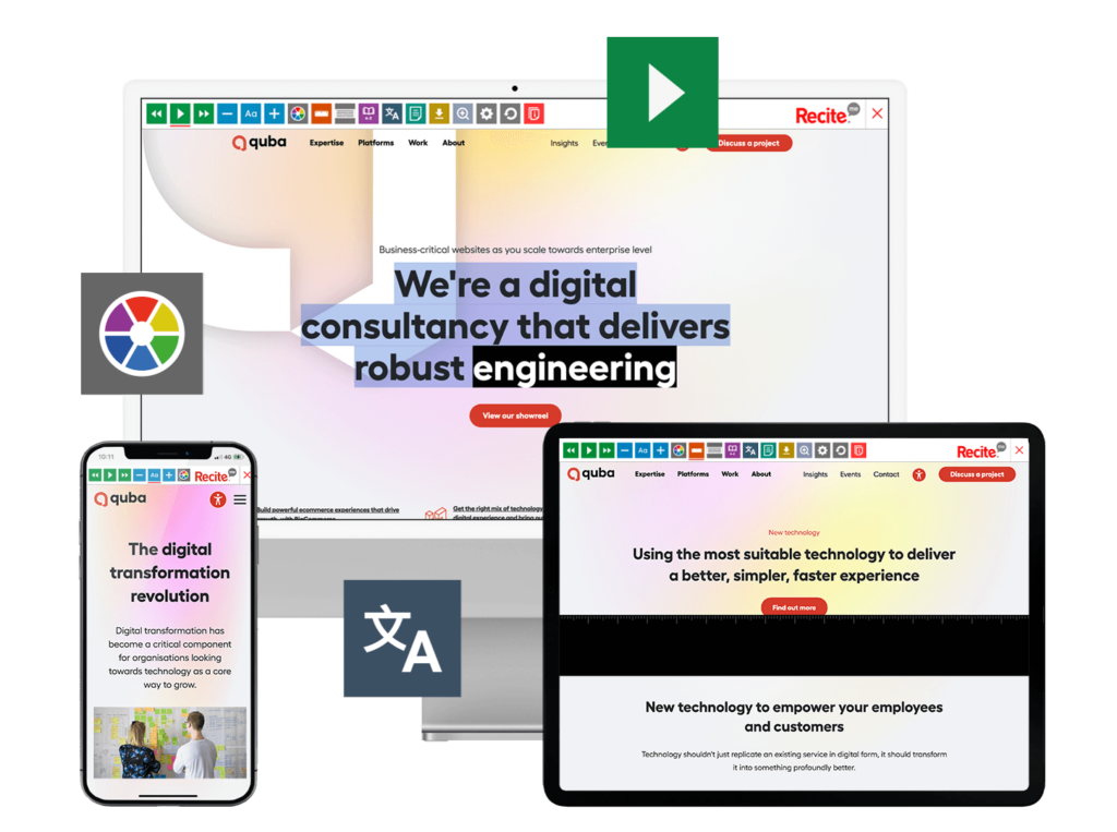 Mock-up of the Recite Me toolbar being used on the Quba website