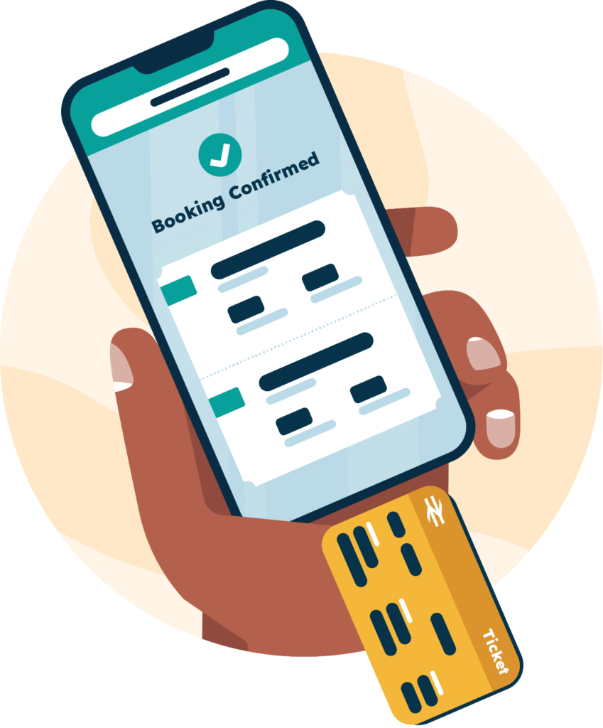 A hand holds up a phone which is booking a ticket online through the phone.