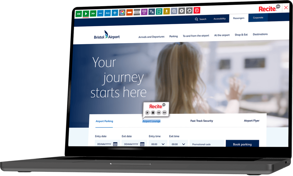 Mock-up of the Recite Me toolbar being used on the Bristol Airport website