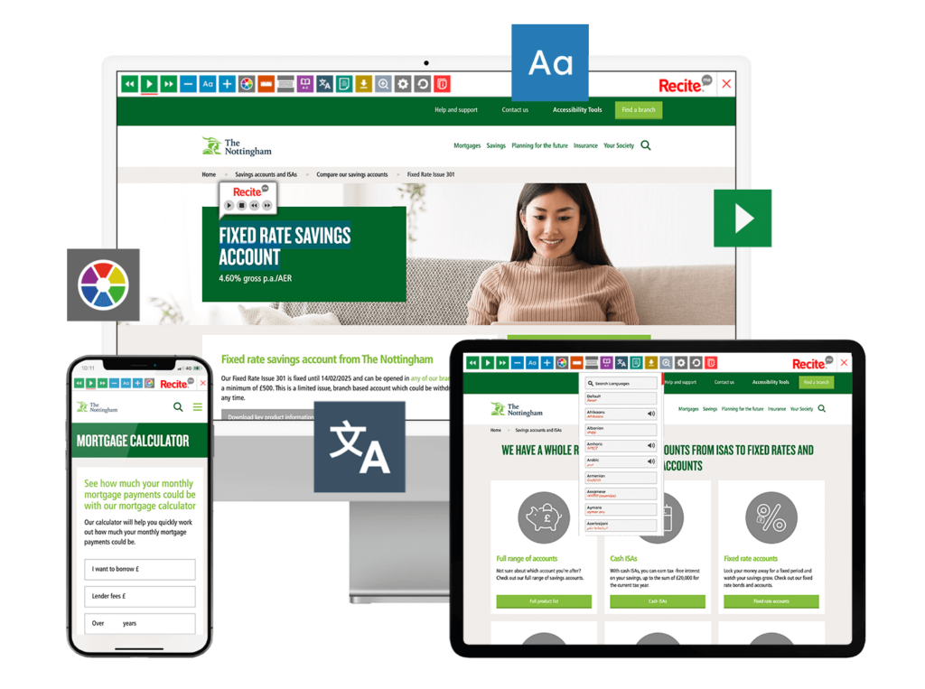 Mock-up of the Recite Me toolbar being used on the Nottingham Building Society website