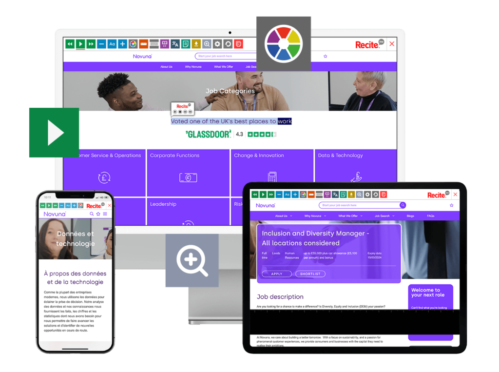 Mock-up of the Recite Me toolbar being used on the Novuna website