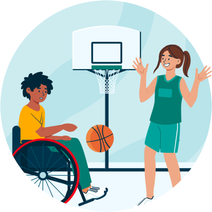 A male and female playing basketball