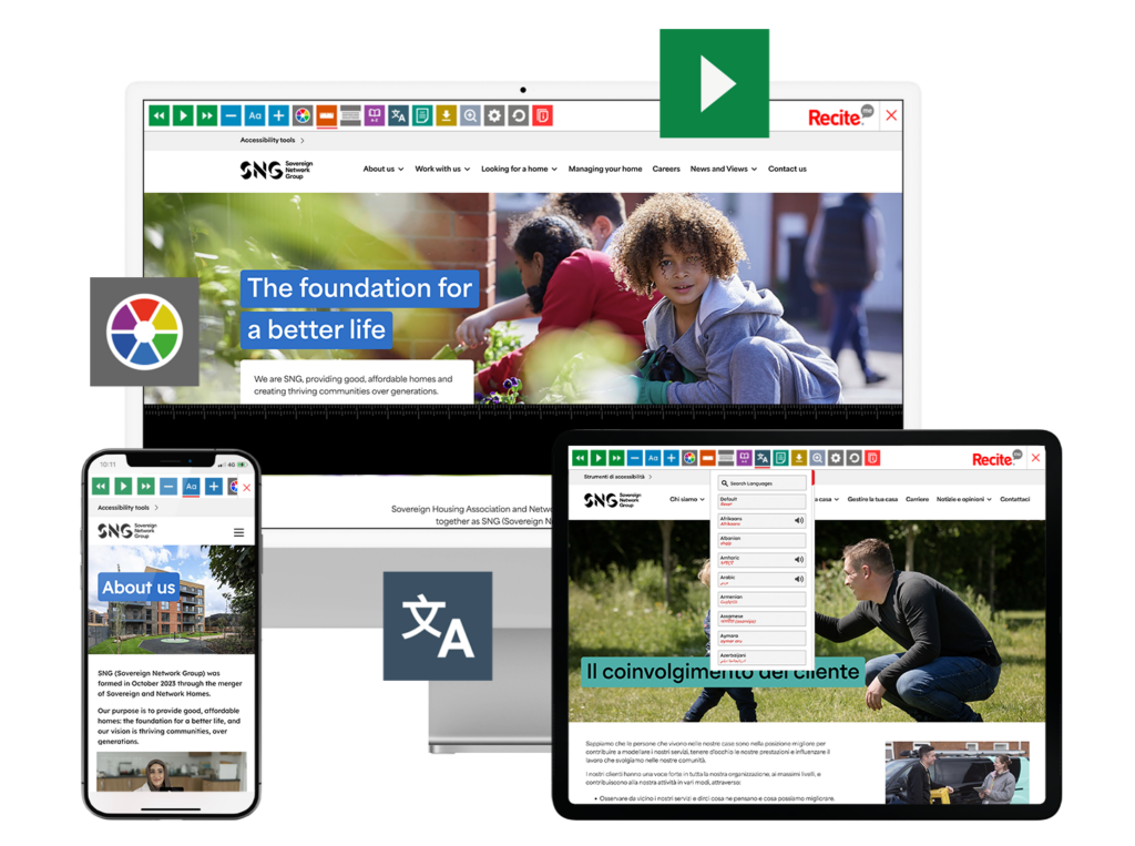 Mock-up of the Recite Me toolbar being used on the Sovereign Network Group website.