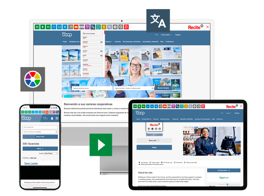 Mock-up of the Recite Me toolbar being used on the ECB website