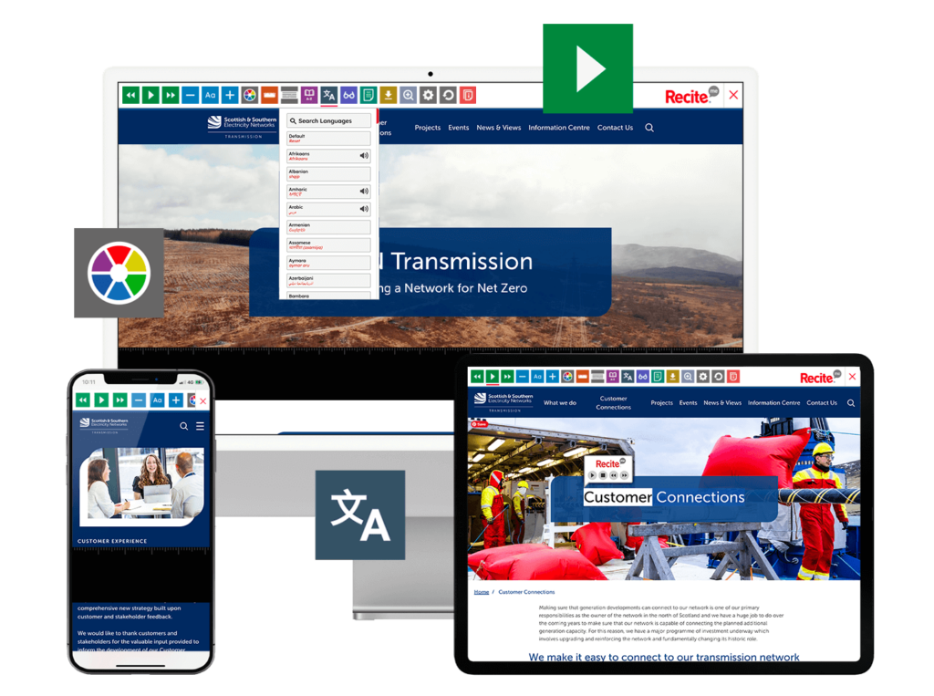 Mock-up of the Recite Me toolbar being used on the SSEN Transmission website.