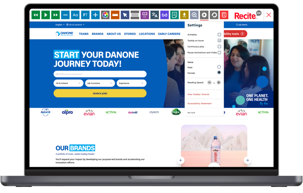 Mock-up of the Recite Me Toolbar being used on the Danone website.