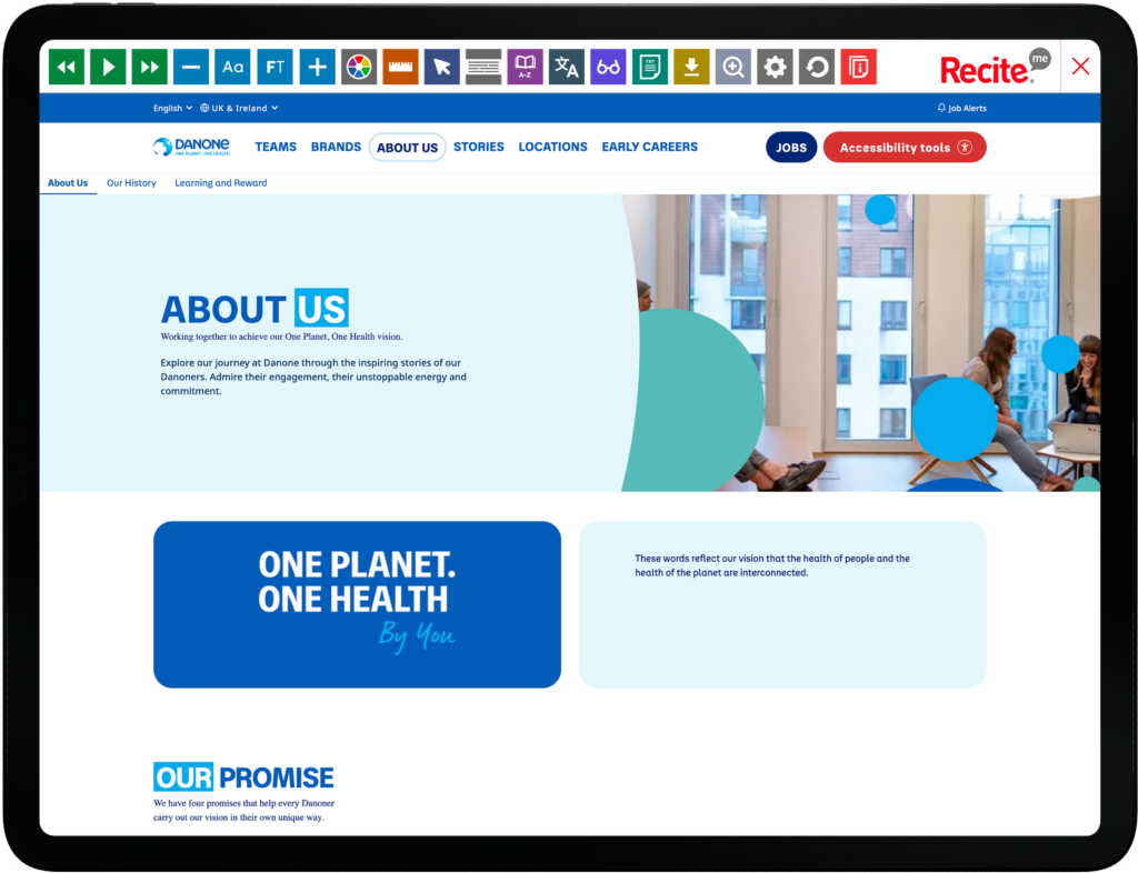 Mock-up of the Recite Me toolbar being used on the Danone website.