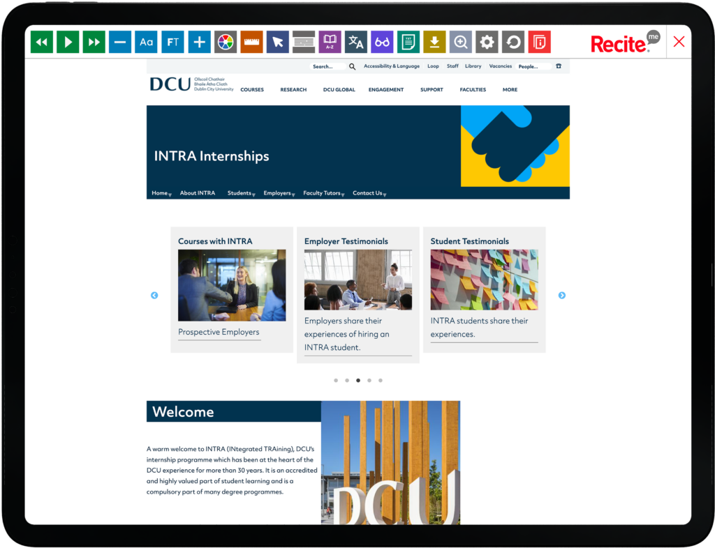 Mock-up of the Recite Me toolbar being used on the Dublin City University website.
