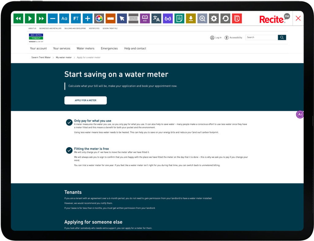 Mock-up of the Recite Me toolbar on the Severn Trent website.