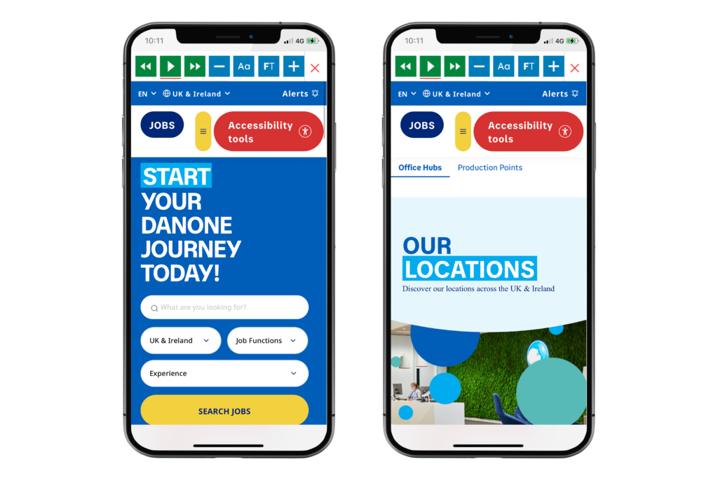 Mock-up of the Recite Me Toolbar being used on the Danone website.