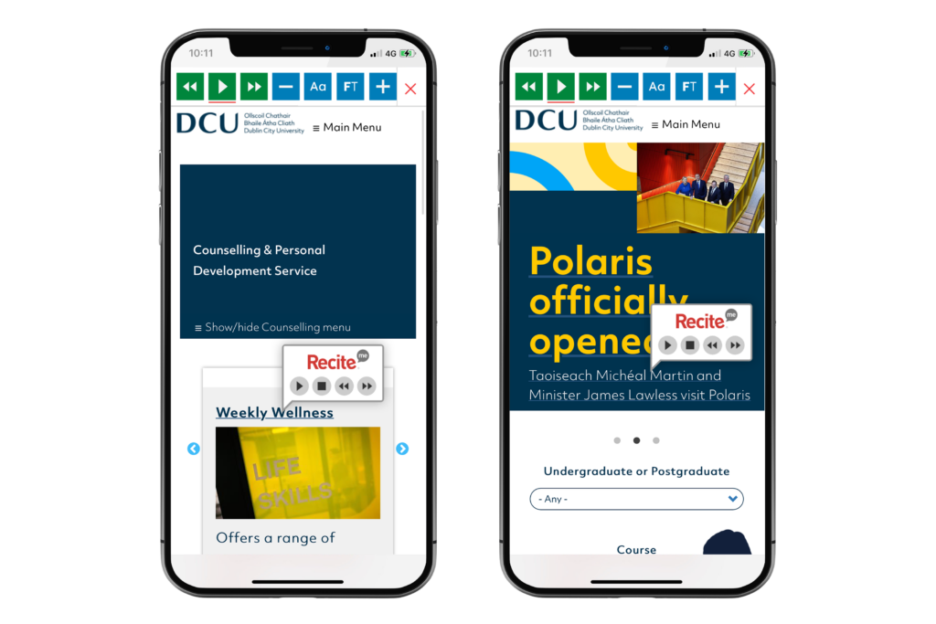 Mock-up of the Recite Me toolbar being used on the Dublin City University website.