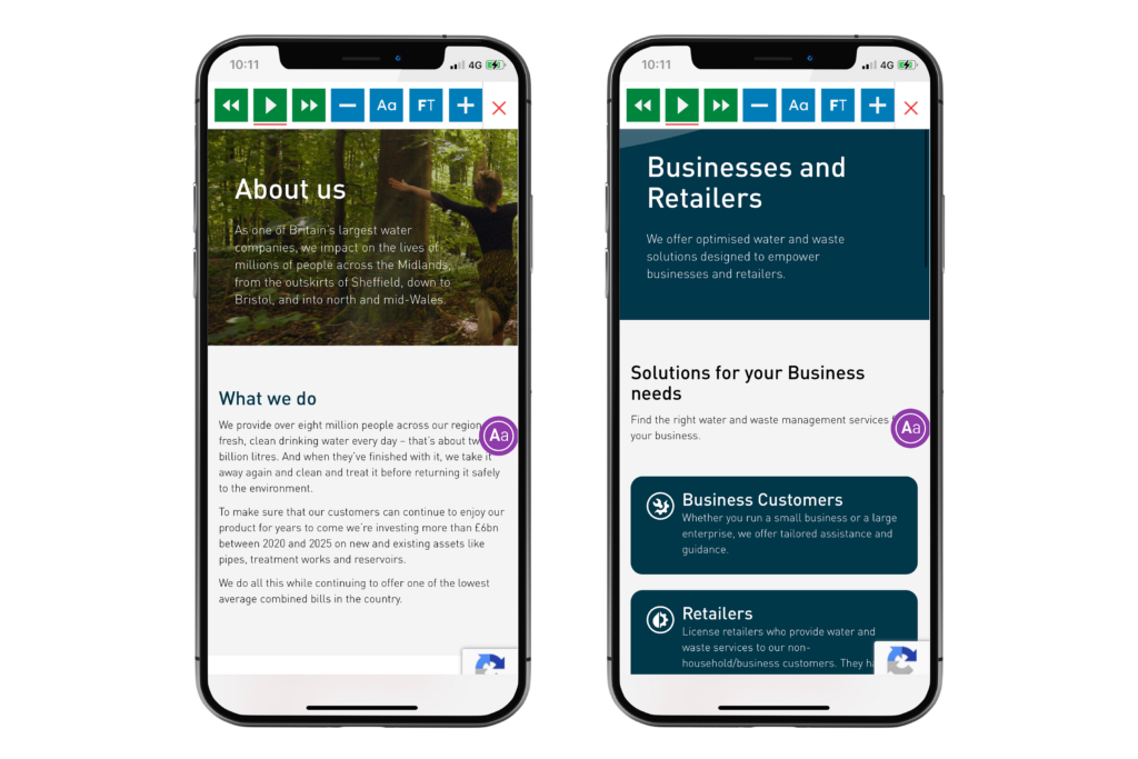 Mock-up of the Recite Me toolbar on the Severn Trent website.