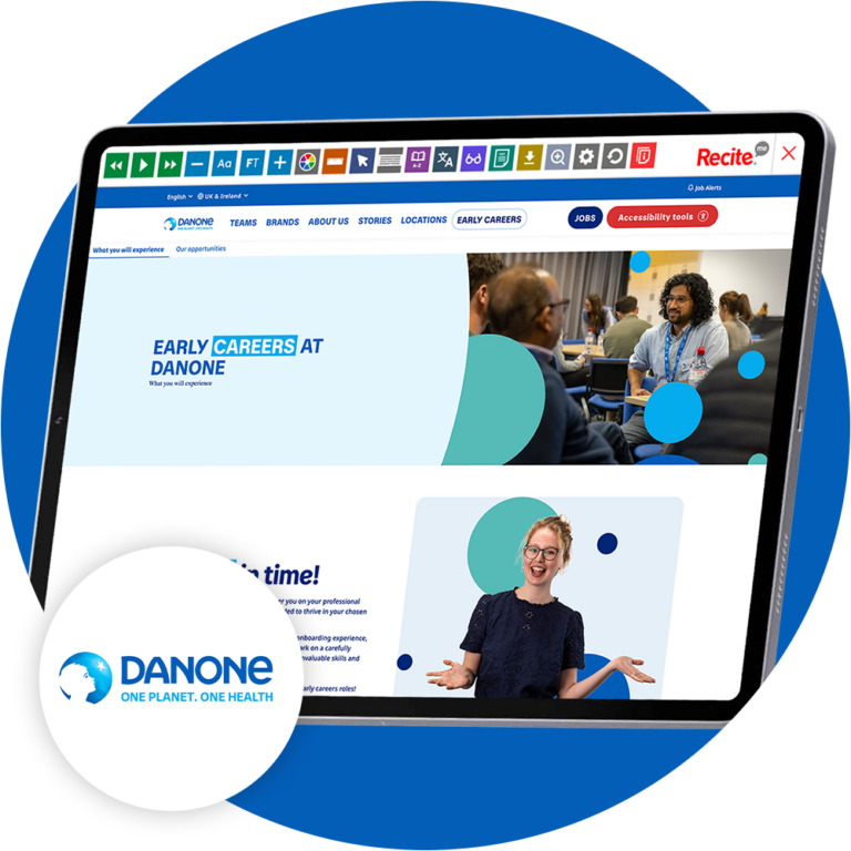 Mock-up of the Recite Me toolbar being used on the Danone website.