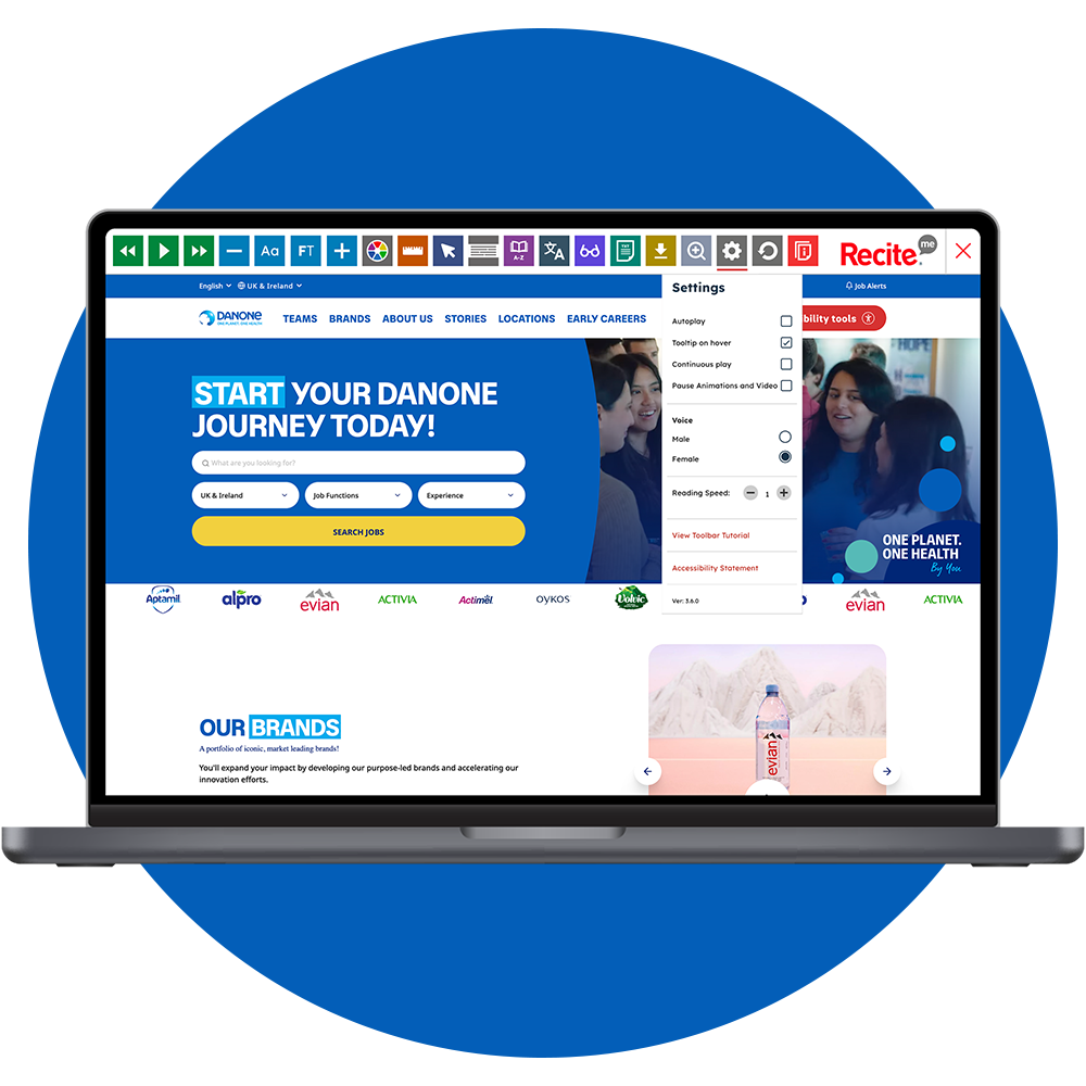 Mock-up of the Recite Me toolbar being used on the Danone website.