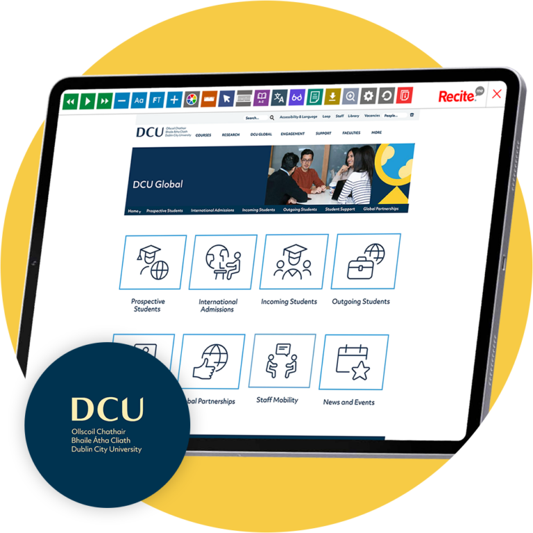 Mock-up of the Recite Me toolbar being used on the Dublin University website.