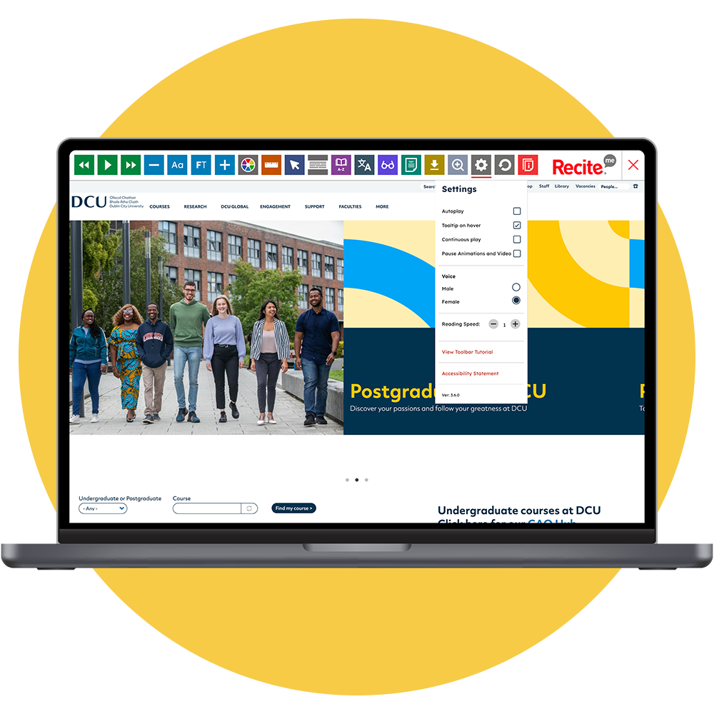 Mock-up of the Recite Me toolbar being used on the Dublin City University website.